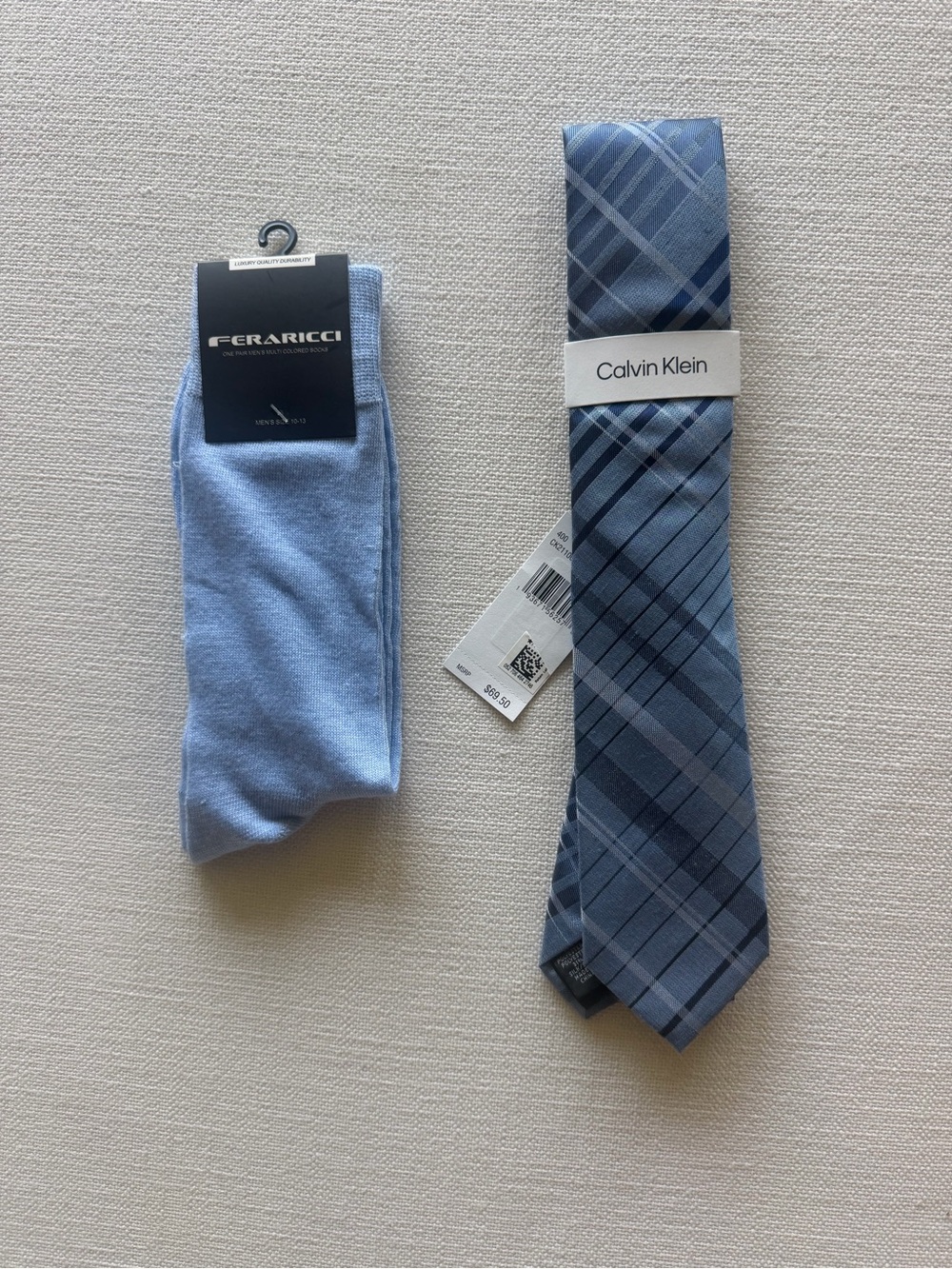 Calvin Klein Blue Plaid Dress Tie with Light Blue Dress Socks